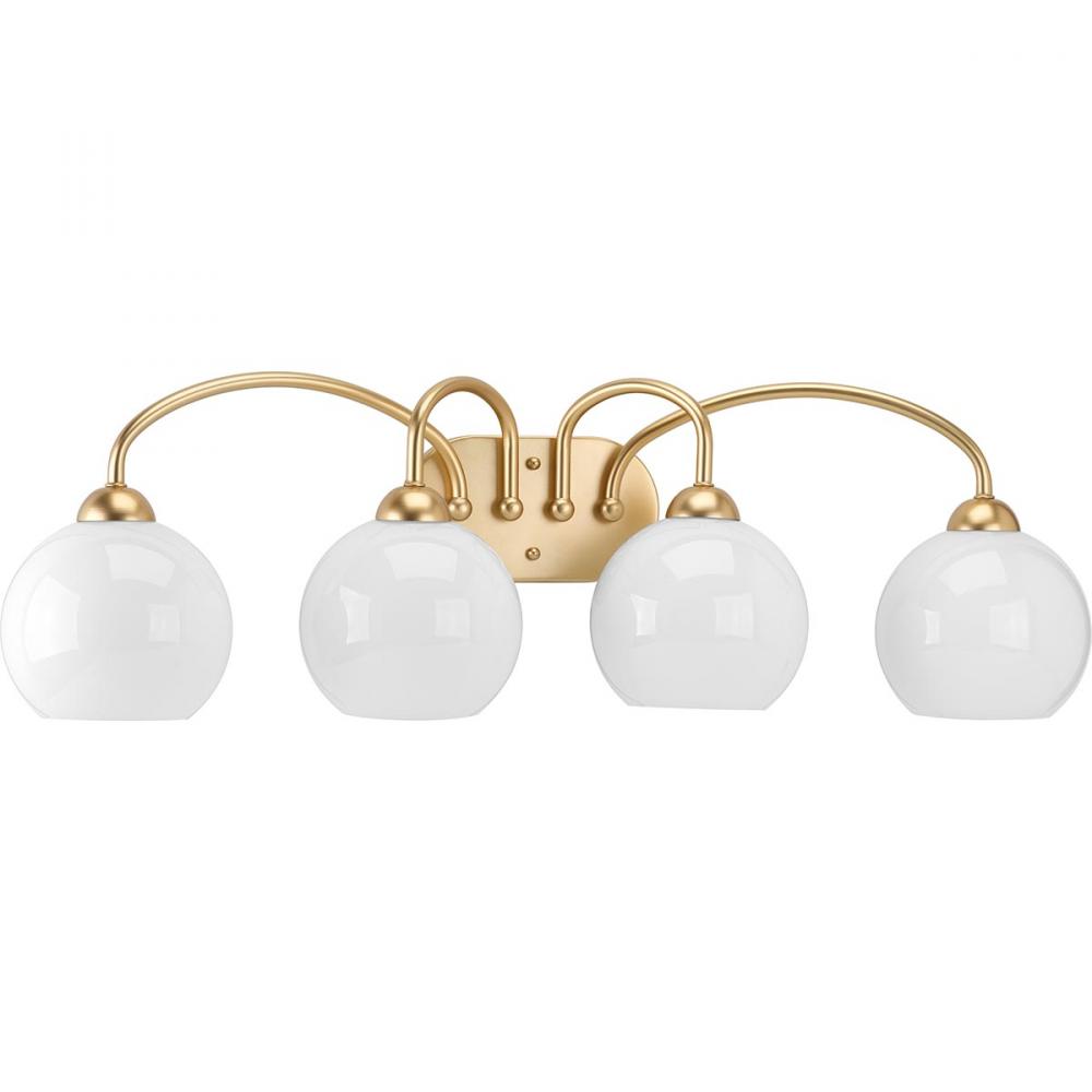 Carisa Collection Four-Light Vintage Gold Opal Glass Mid-Century Modern Bath Vanity Light