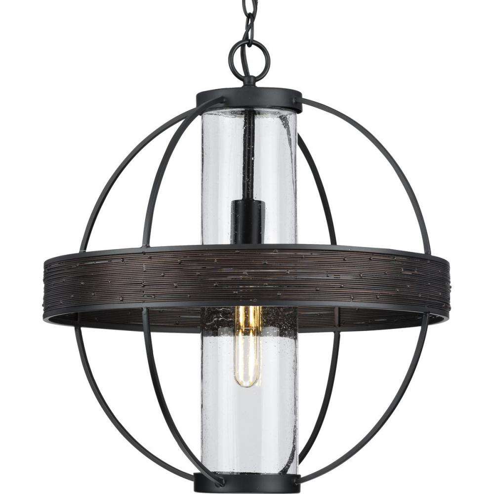 Terrace Collection One-Light Matte Black Clear Seeded Glass Global Outdoor Hanging Light