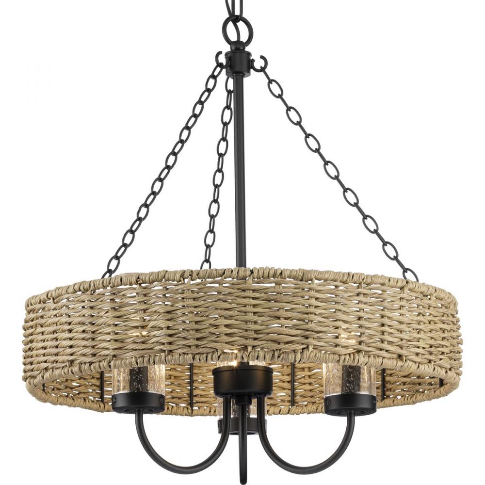 Pembroke Collection Three-Light 21.5" Matte Black Coastal Outdoor Pendant with Mocha Rattan Acce