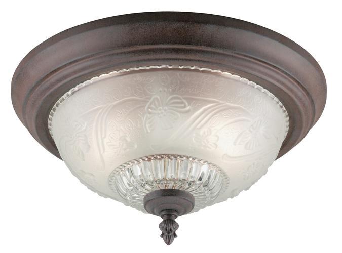 13 in. 2 Light Flush Sienna Finish Embossed Floral and Leaf Design Glass