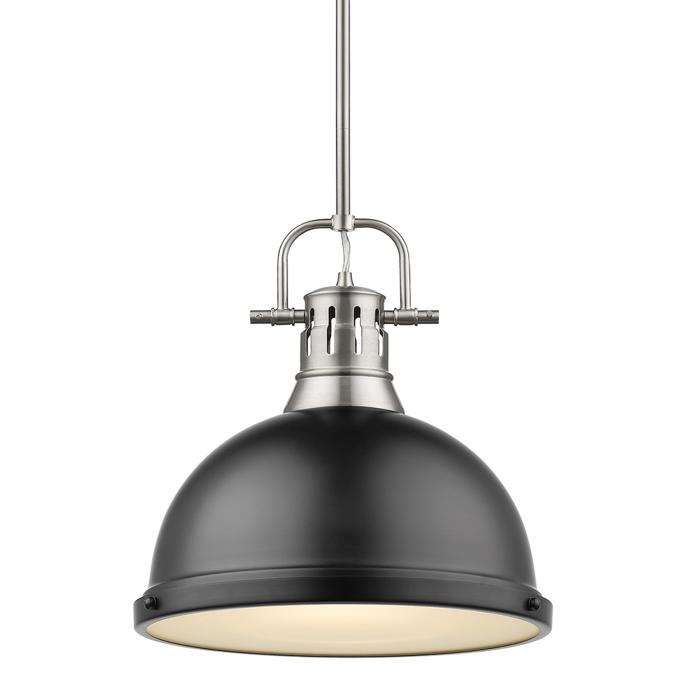 Duncan 1 Light Pendant with Rod inÂ PewterÂ with a Matte Black Shade