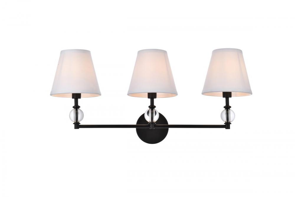 Bethany 3 lights bath sconce in black with white fabric shade