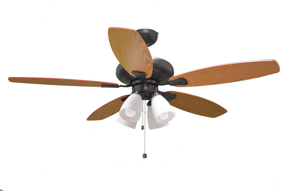 52" 5-Blade UFO Fan RB Oak/Walnut Blades 4-Light White Glass LED Kit